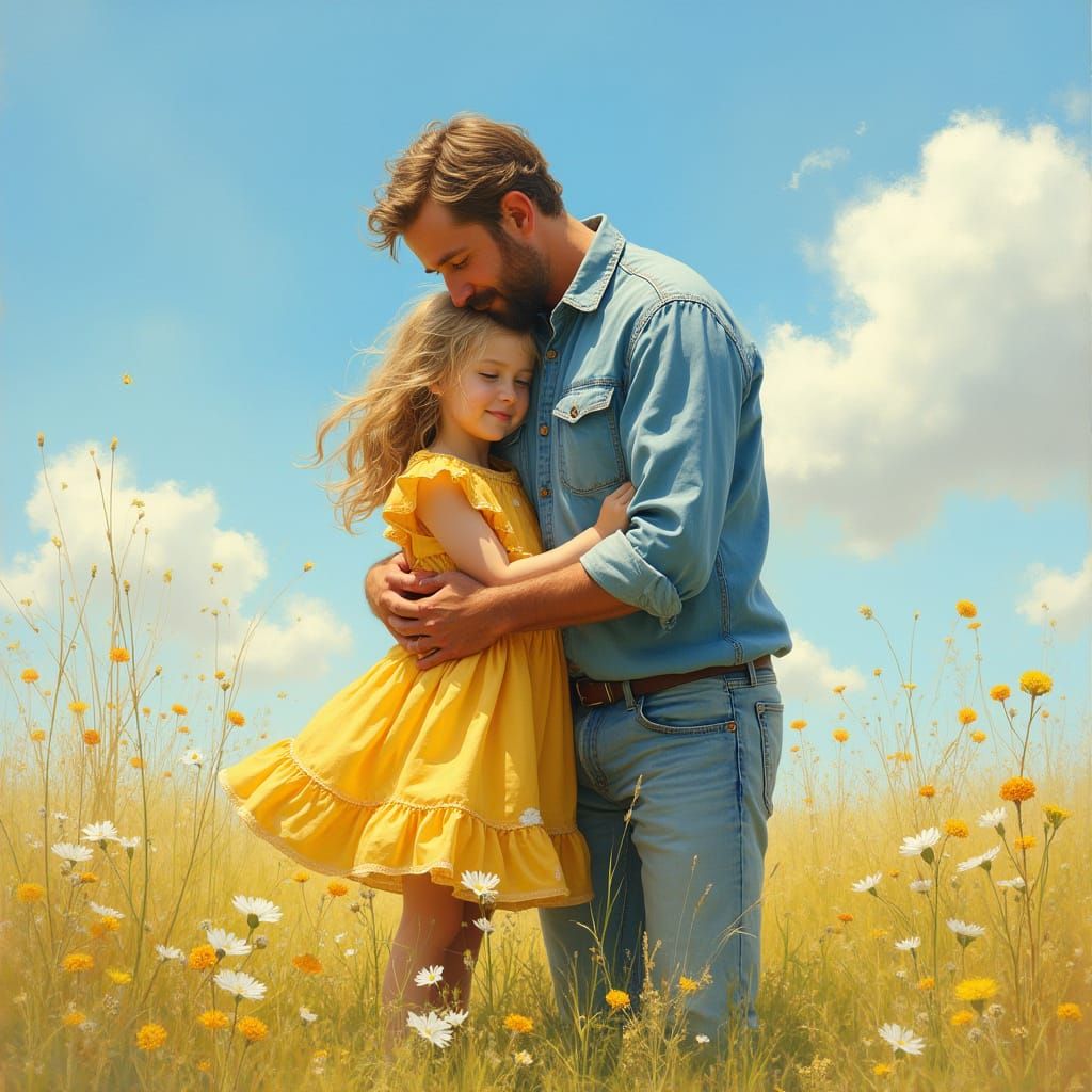 Father and Little Girl Share a Heartfelt Hug in a Sun-Kissed...