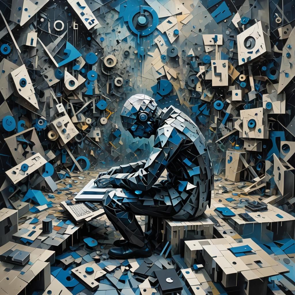 Surreal Humanoid in Digital Void, Oil and Digital Art