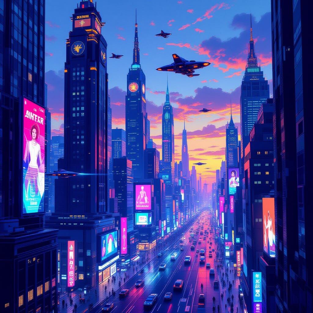 Vibrant Sci-Fi Metropolis at Dusk in Art Deco Style