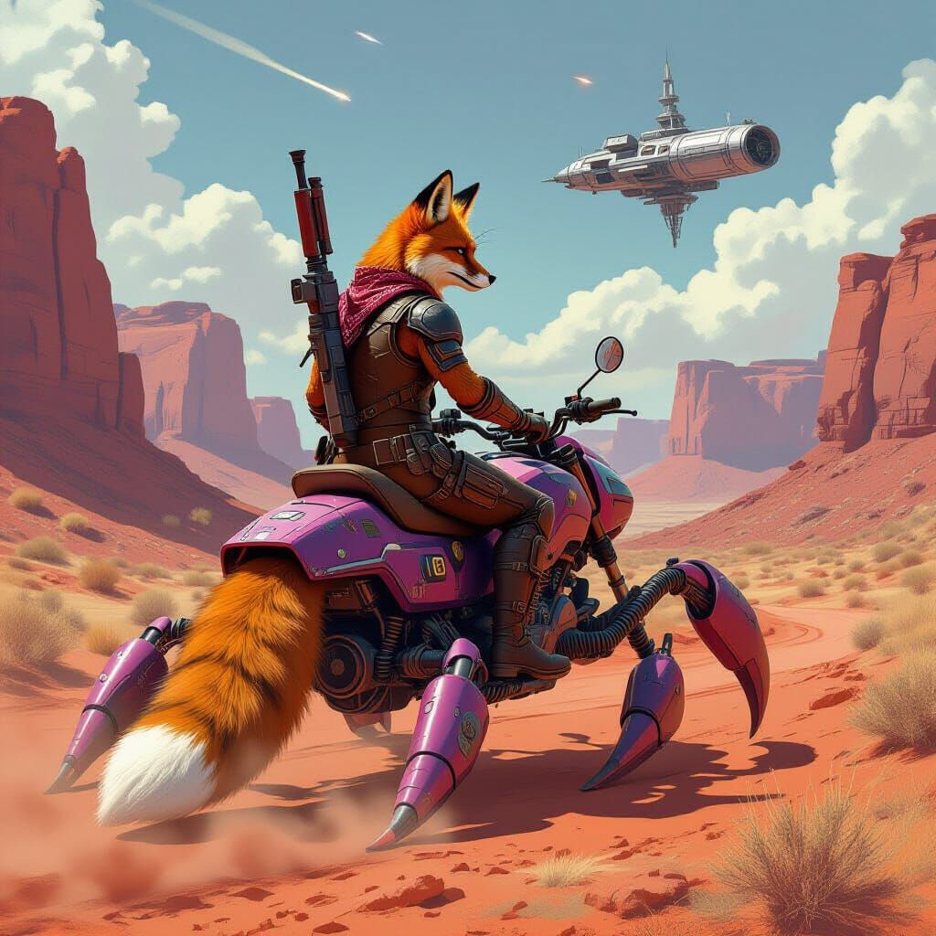 Fox Rider on Mechanical Scorpion in Sci-Fi Western Canyon