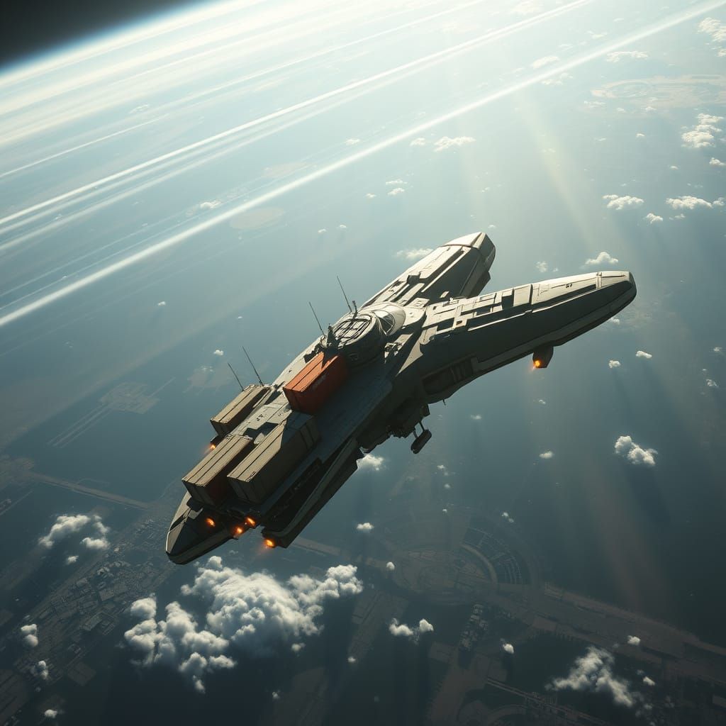 Cargo Spaceship Soaring Through Atmosphere: Digital Art