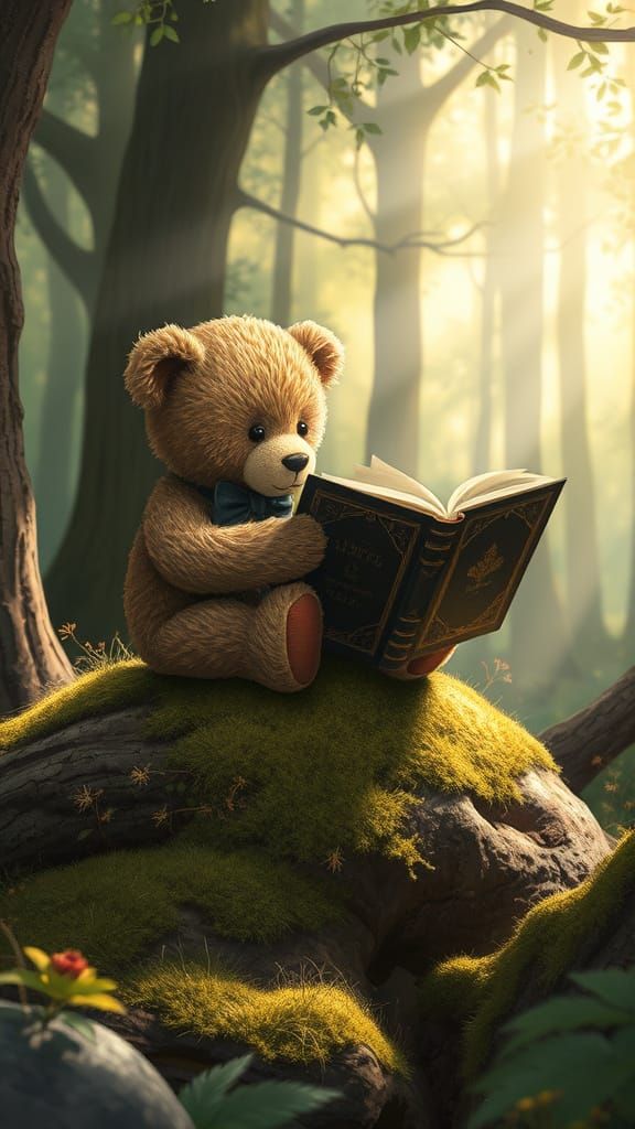 Vintage Teddy Bear Reads Ornate Book in Sunlit Forest
