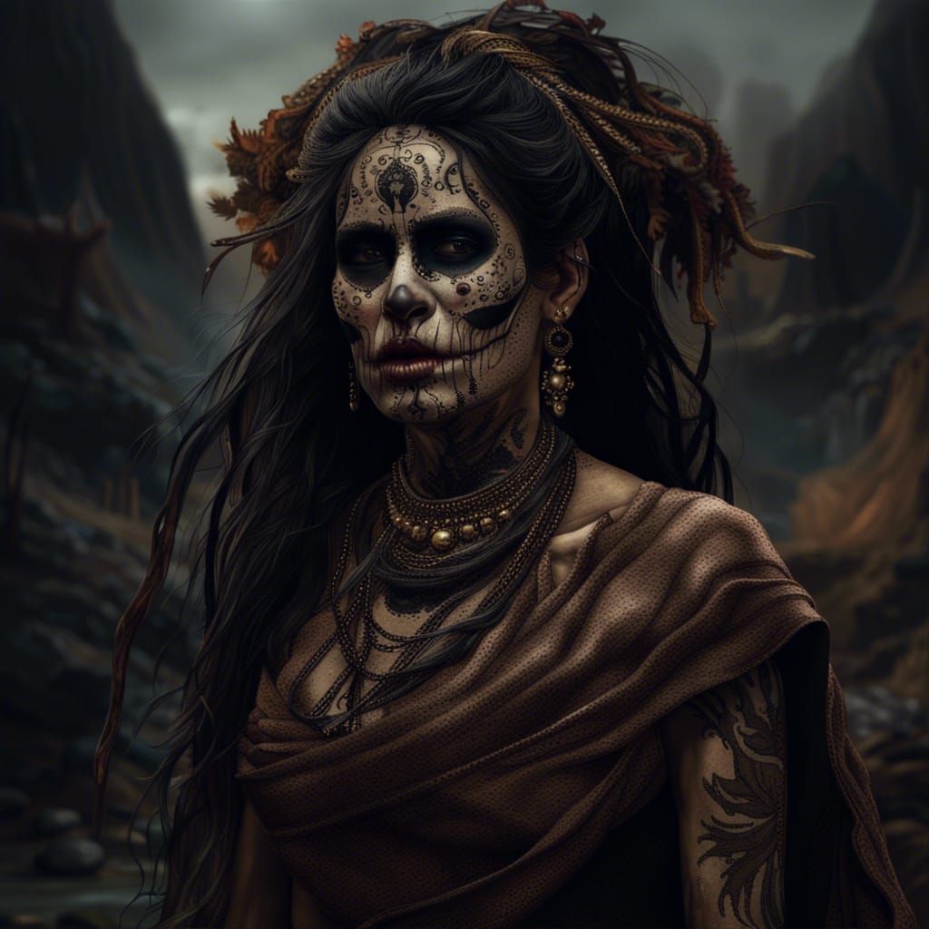 Menacing Woman with Skulls in Mountain Landscape