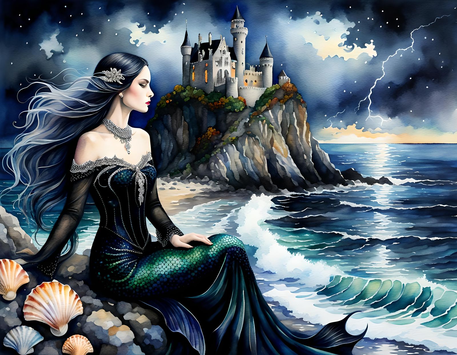Gothic Mermaid with Castle in Aquarelle Painting