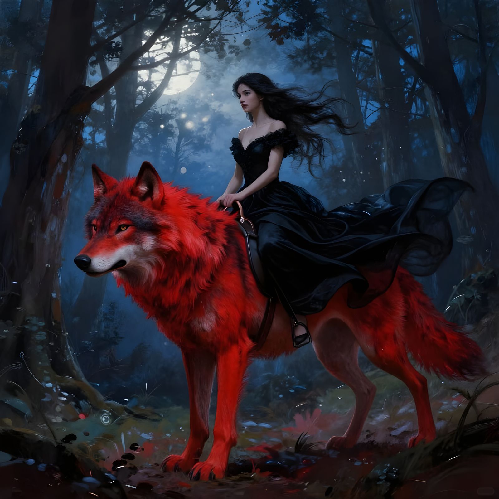 Woman in Black Dress Rides Giant Red Wolf