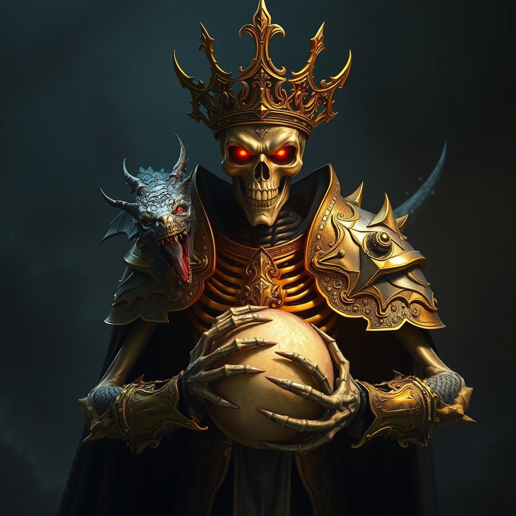 A menacing skeletal figure adorned with intricate golden arm...