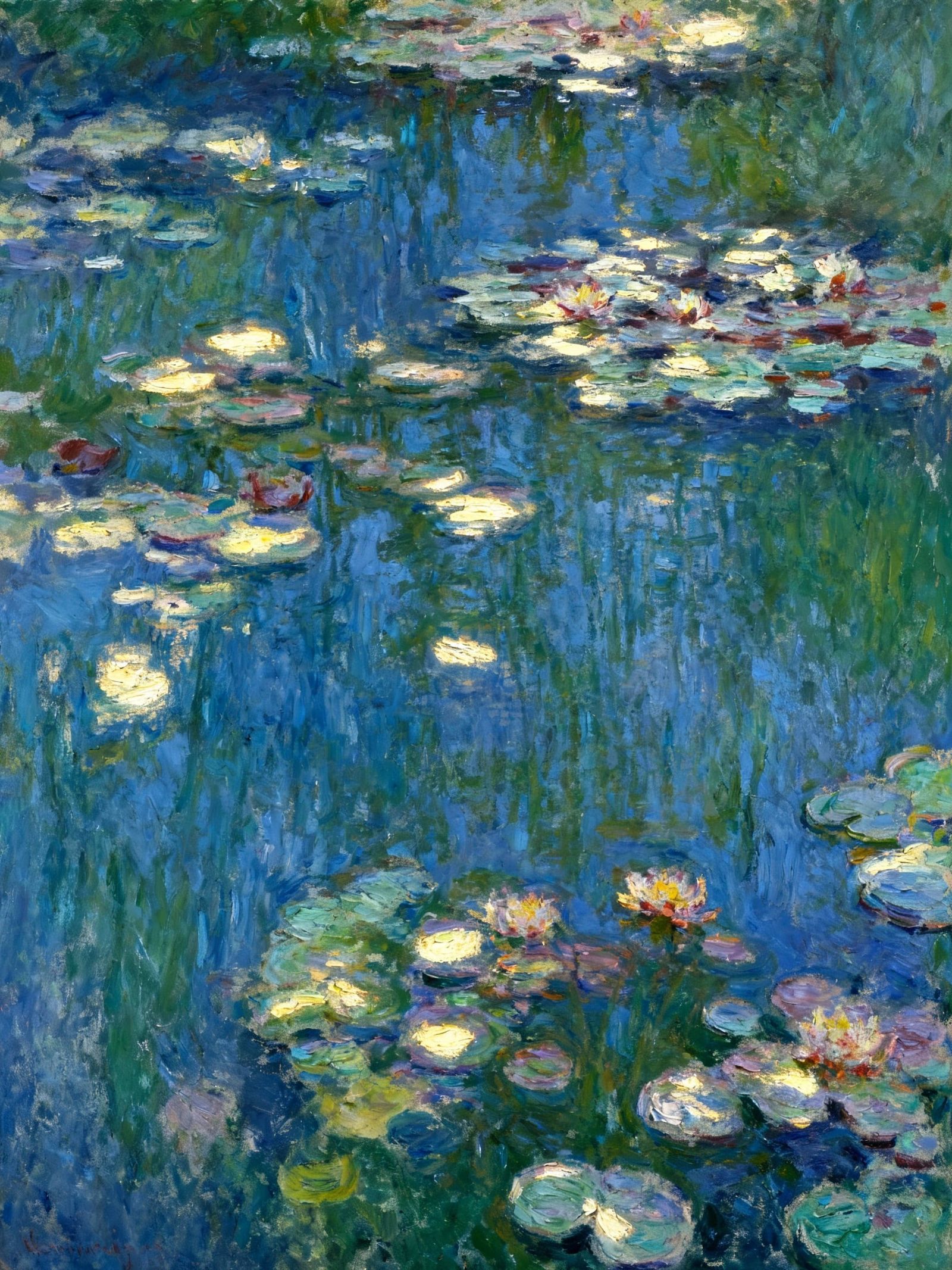 Impressionist Water Lilies in Shadow on Blue-Green Pond