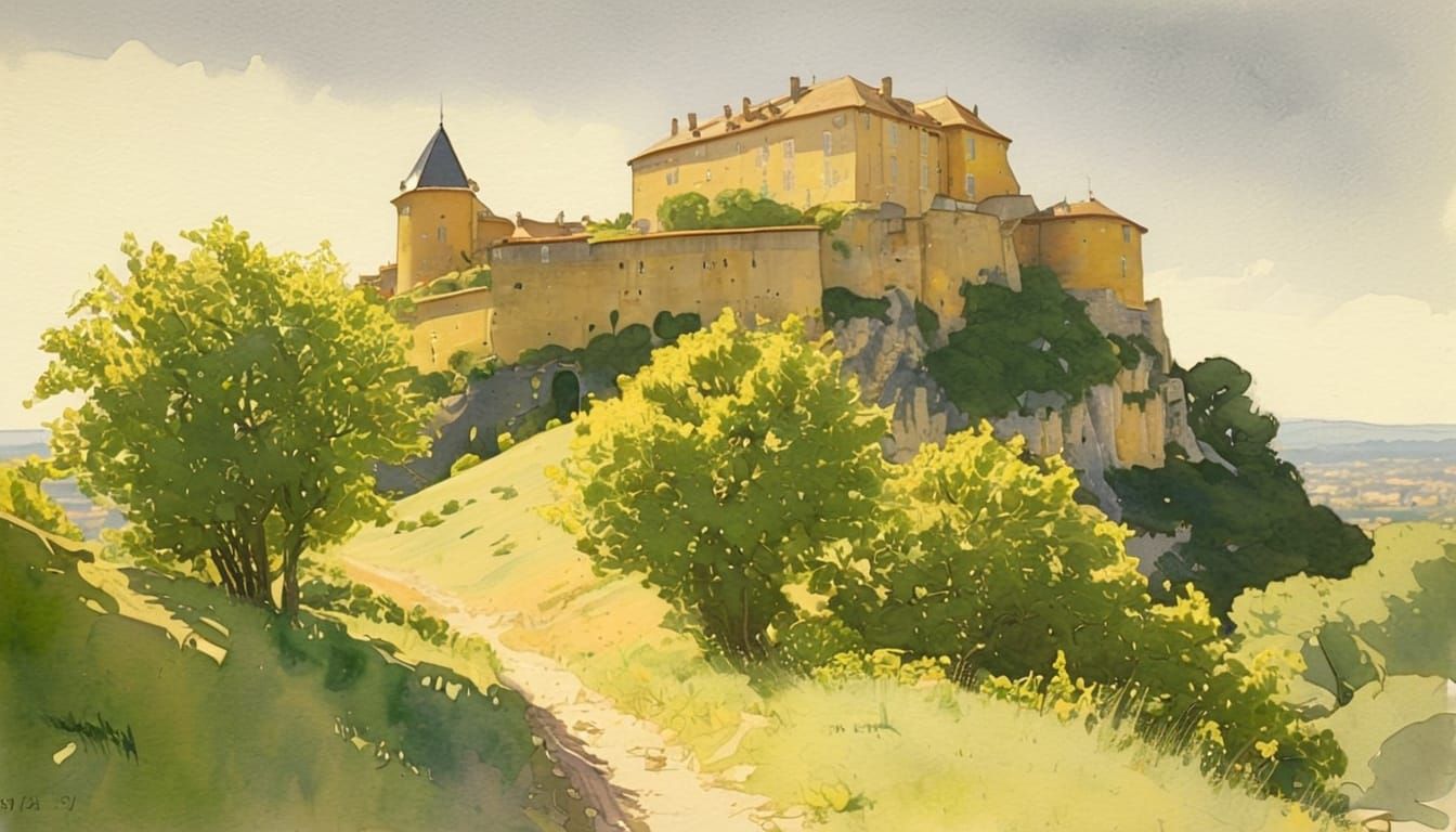 Mystical Citadel in Southern France: Watercolor Painting