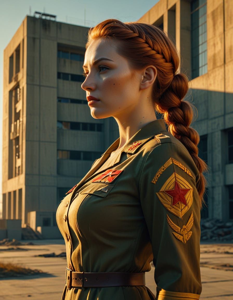 Curvy Woman in Soviet Brutalist Propaganda Style