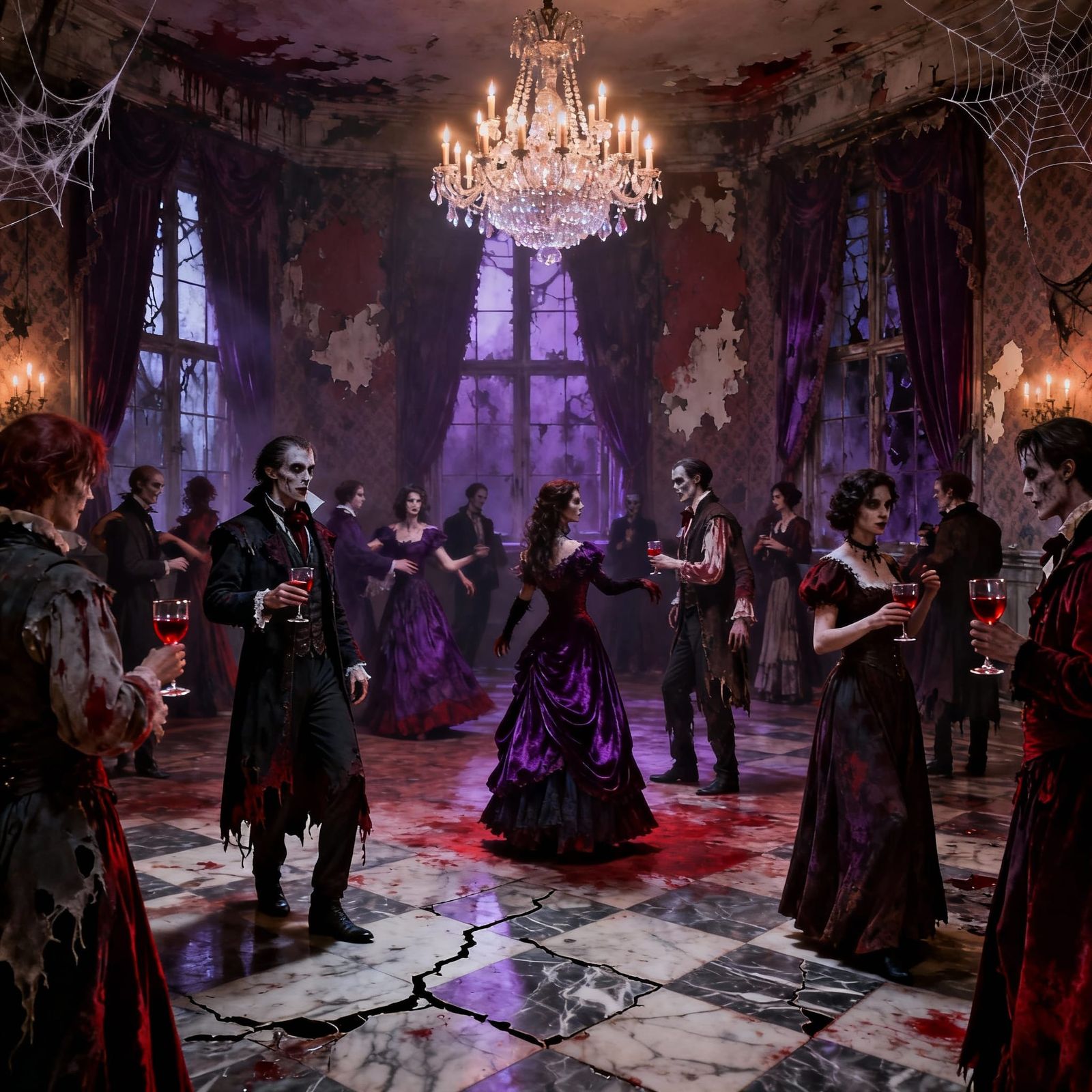 Gothic Vampires Dance in Dilapidated Ballroom