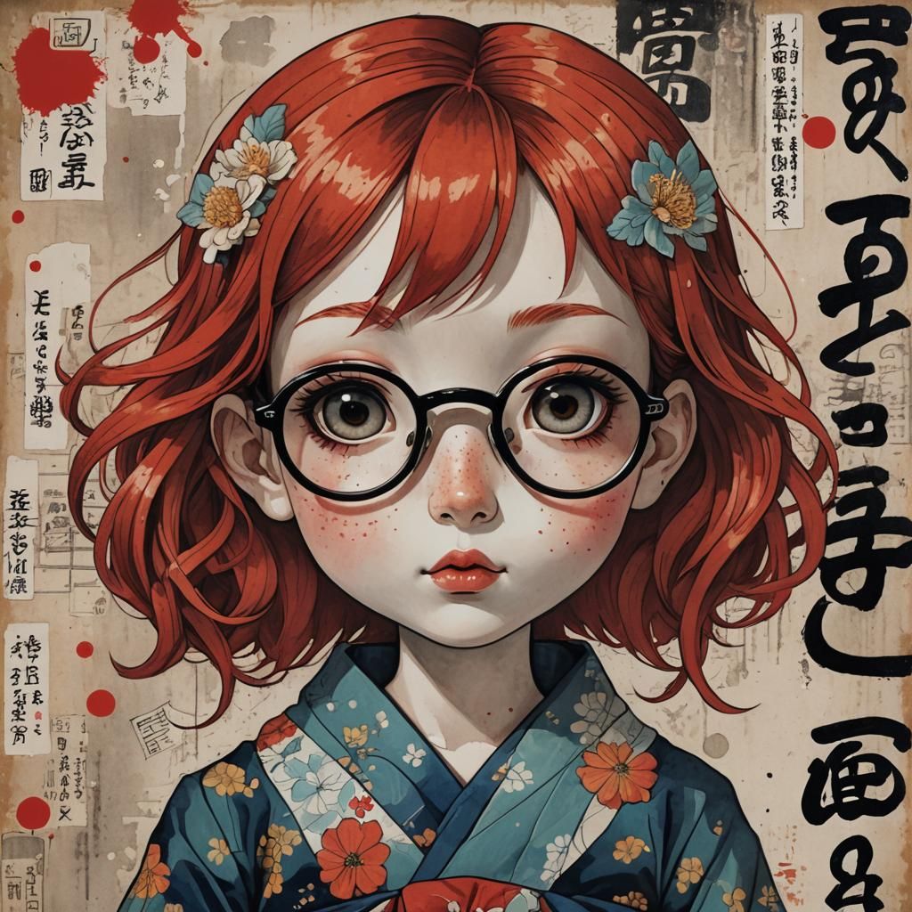 Ukiyo-e Girl Doll with Red Hair and Graffiti