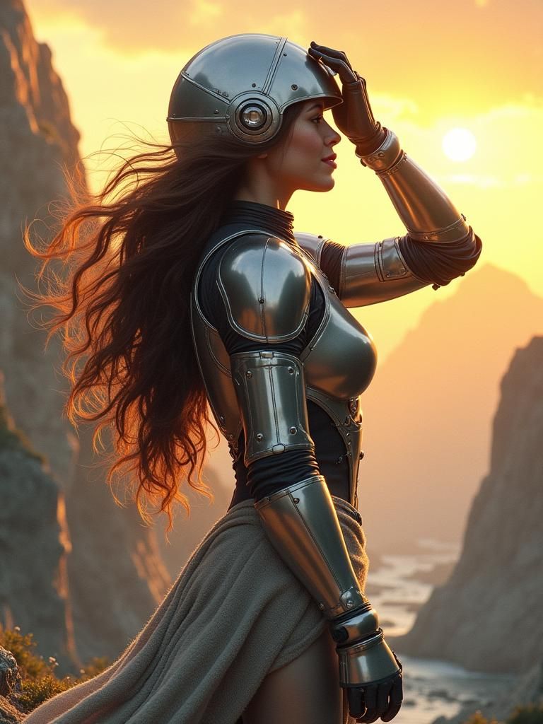 Armored Woman Enjoys Sunrise in Sci-Fi Landscape