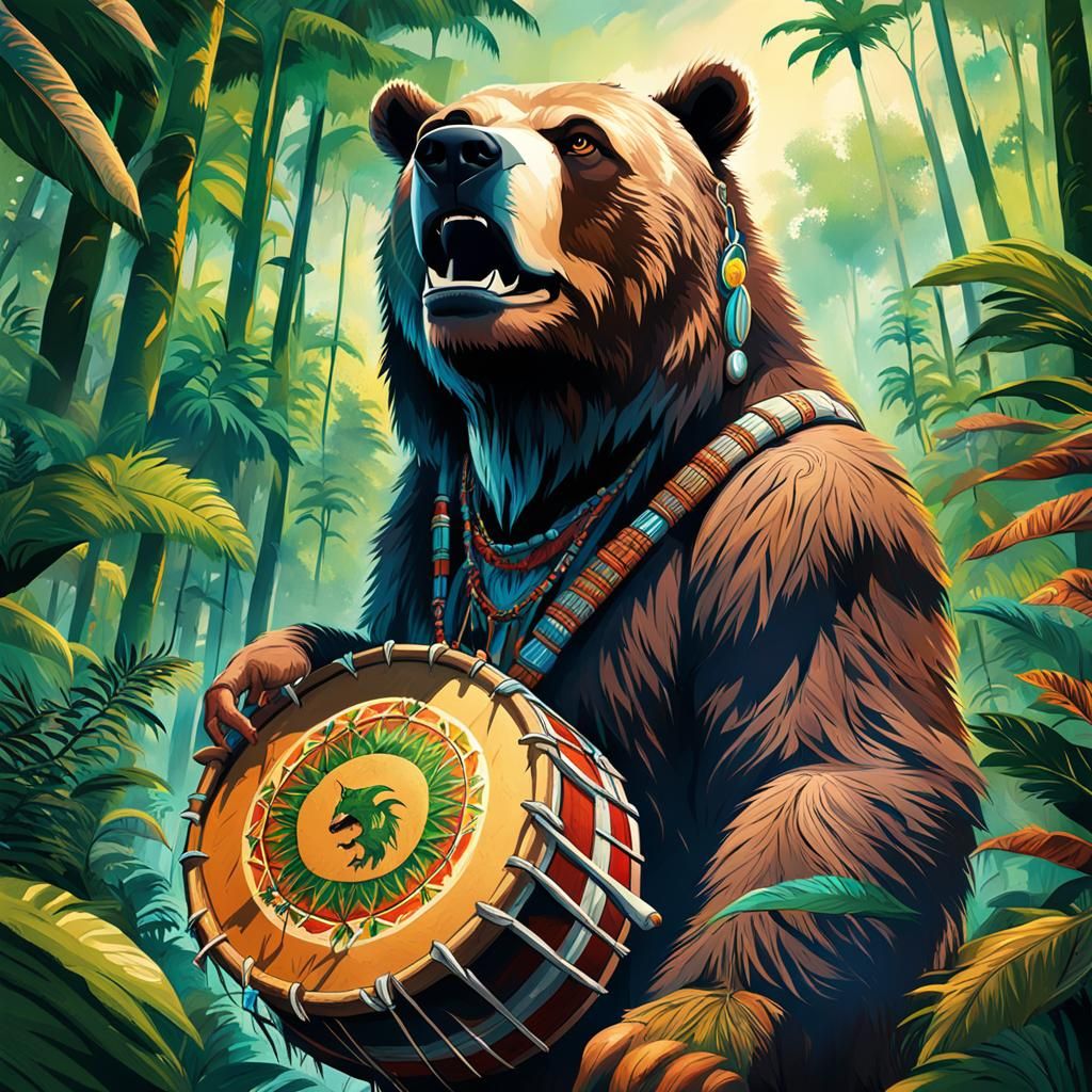 Man-Bear Shaman in Amazon Rainforest: Hyperrealistic Art
