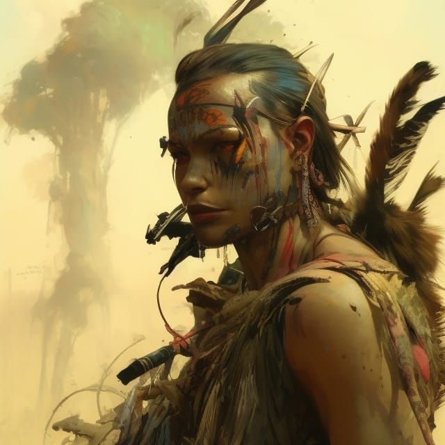 Tribal Warrior with Dramatic Face Paint in Digital Art