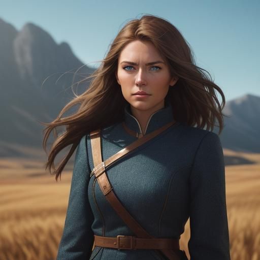 Confident Woman in Sunlit Landscape: Cinematic Film Still