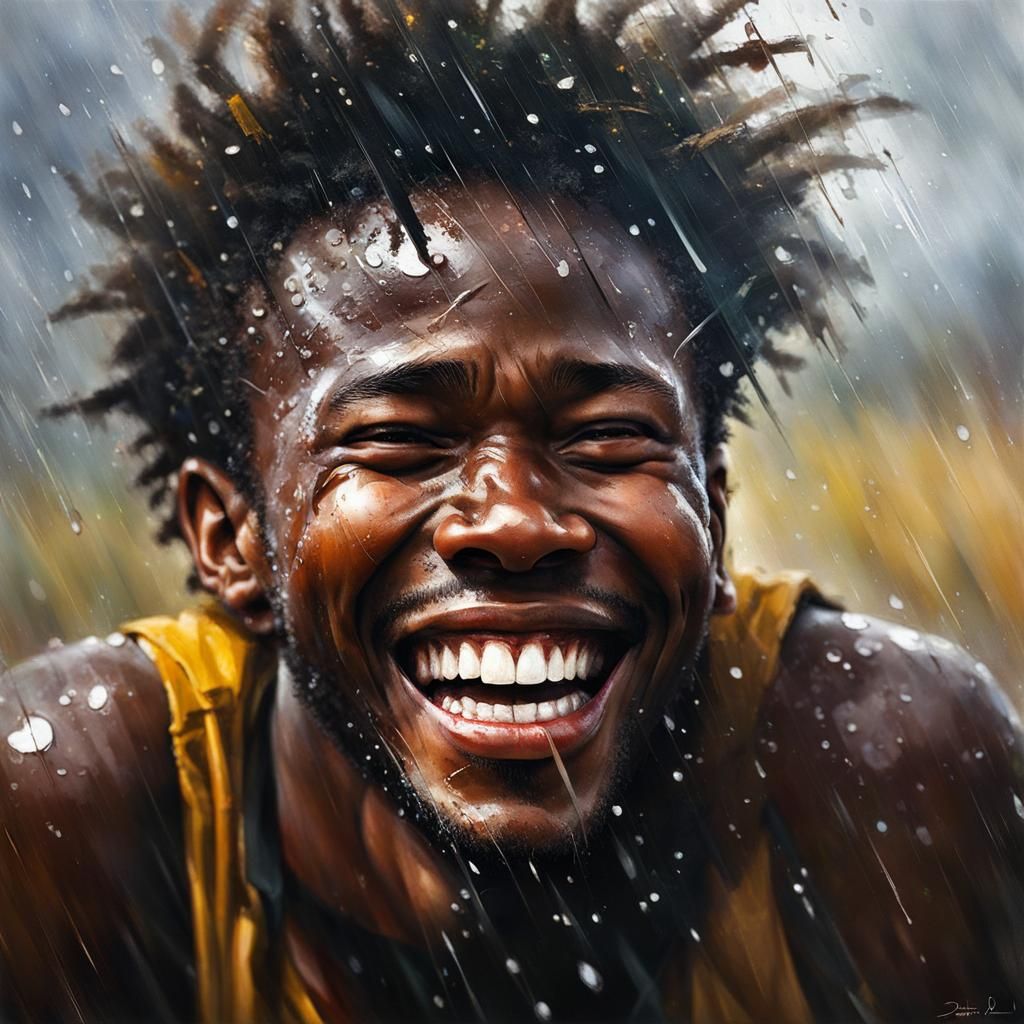 Joyful African Man Laughing in the Rain
