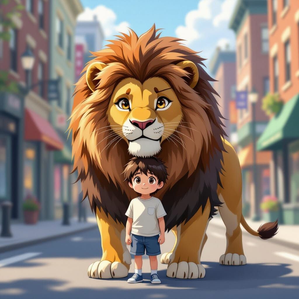 Anime Boy and Lion in NYC Street