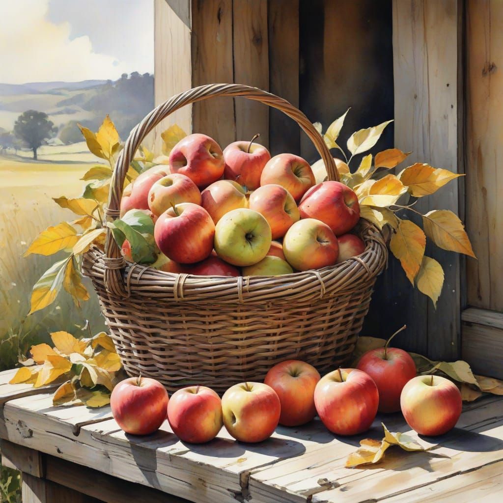 Golden Harvest Wicker Basket in Expressive Watercolour Style