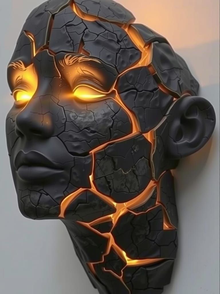 Cracked Stone Face Sculpture with Molten Orange Light