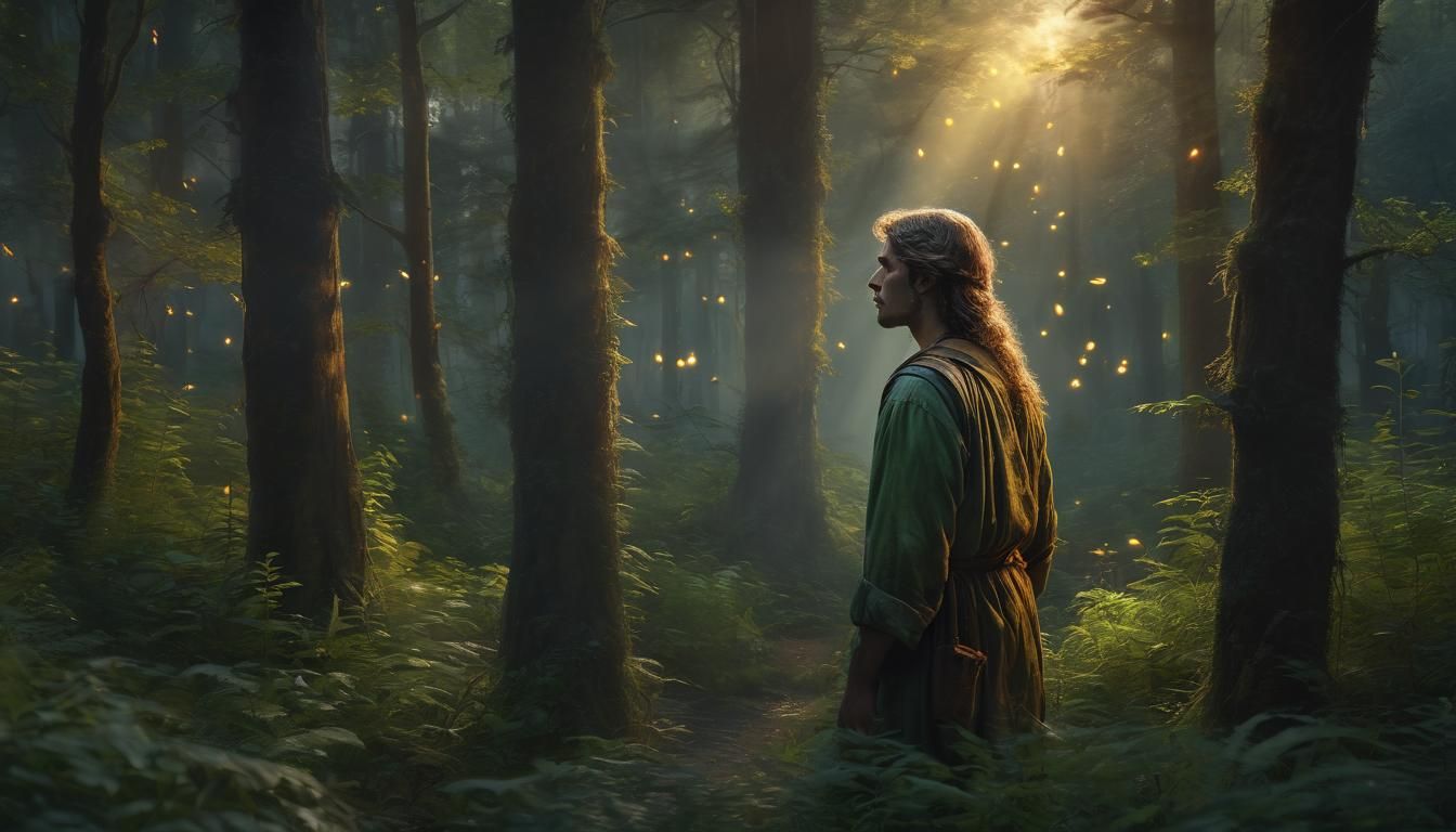 Mysterious Traveler in Mystical Forest Oil Painting