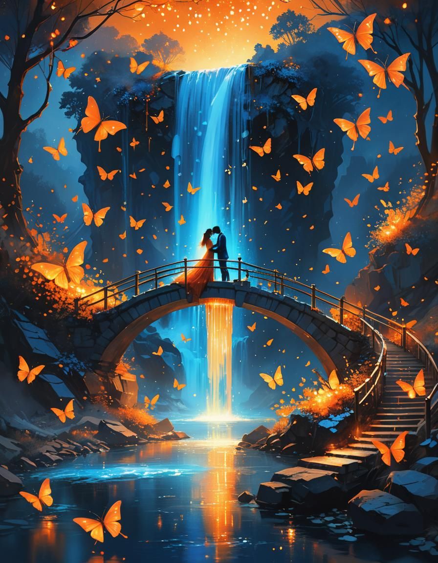 Magical Blue Waterfall with Kissing Couple