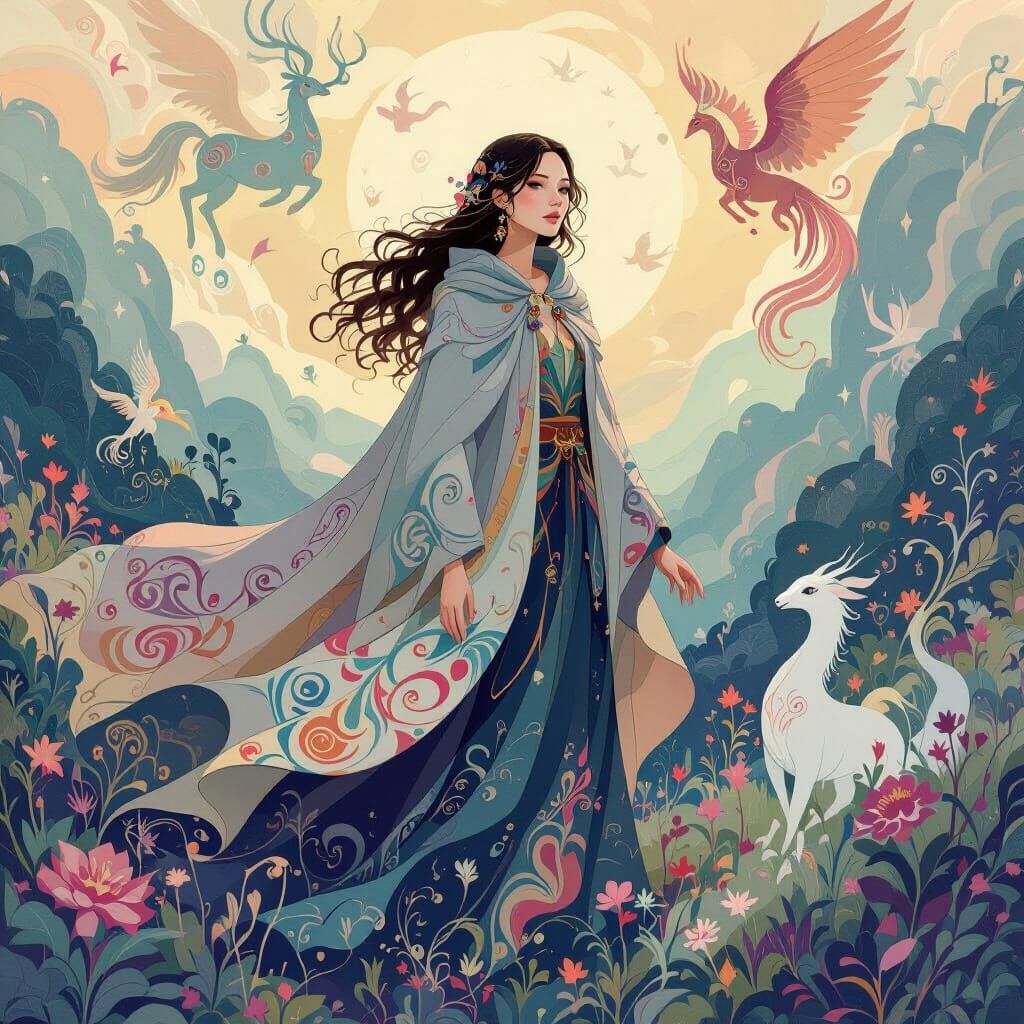 Mystical Woman in Ethereal Landscape, Dreamlike Art