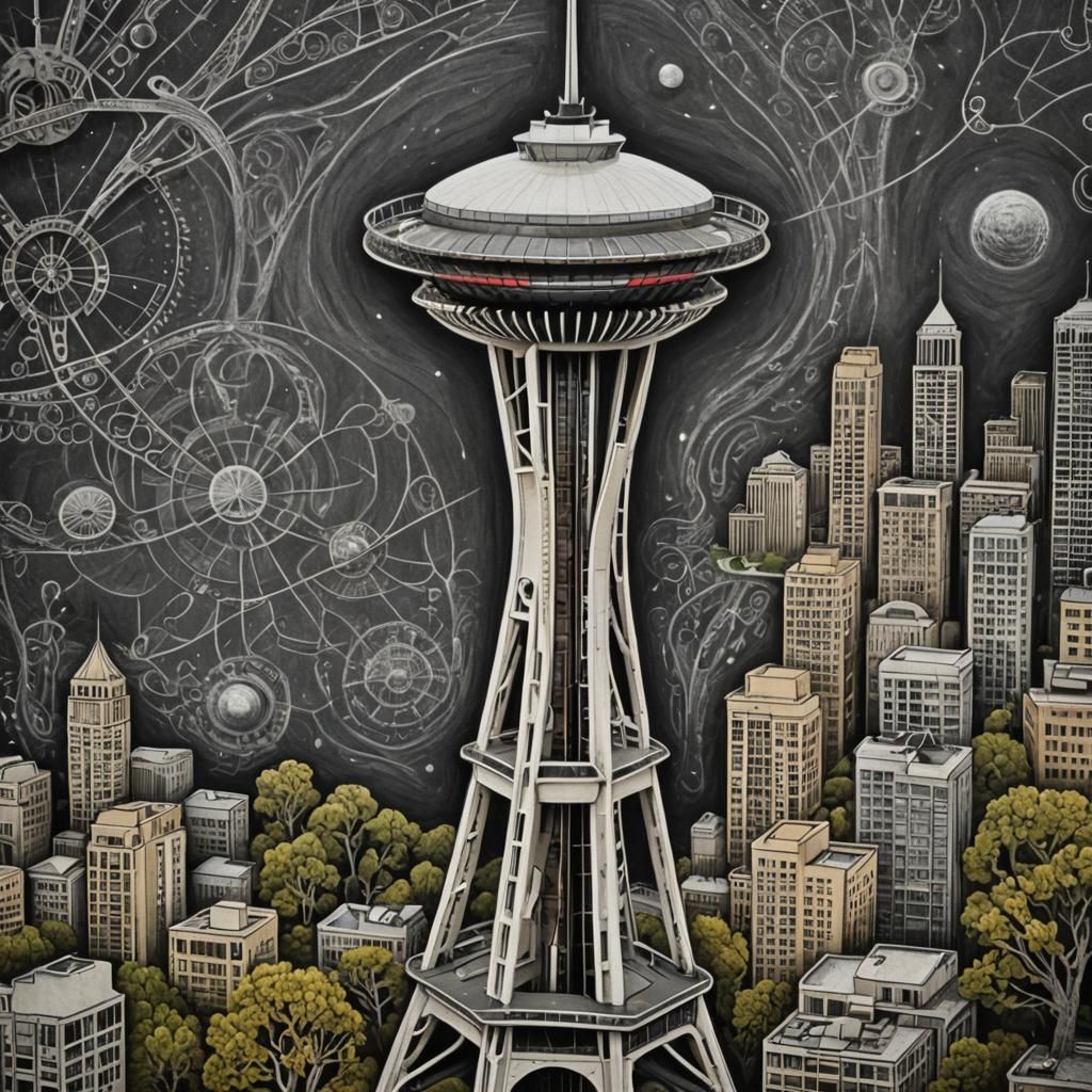 Detailed Chalk Art of the Seattle Space Needle