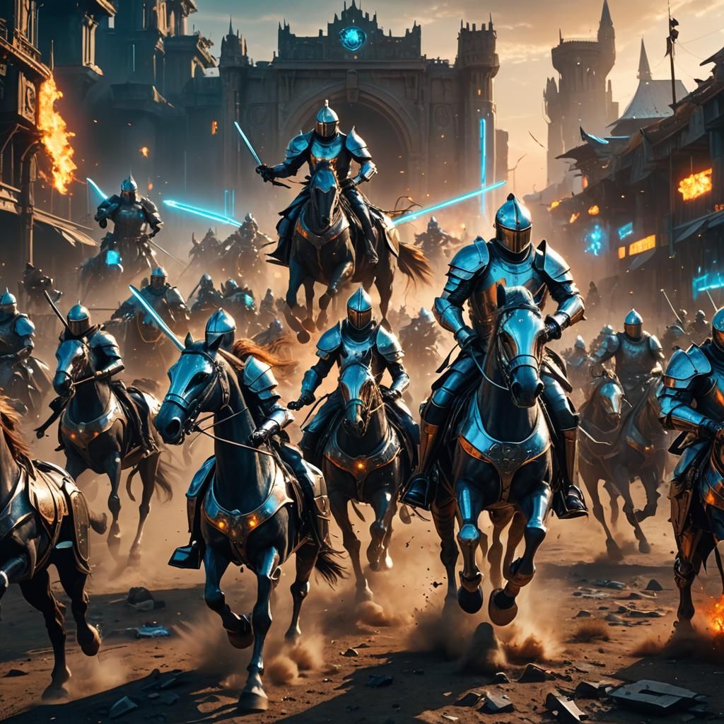 Cyberpunk Knights Duel on Metallic Steeds
