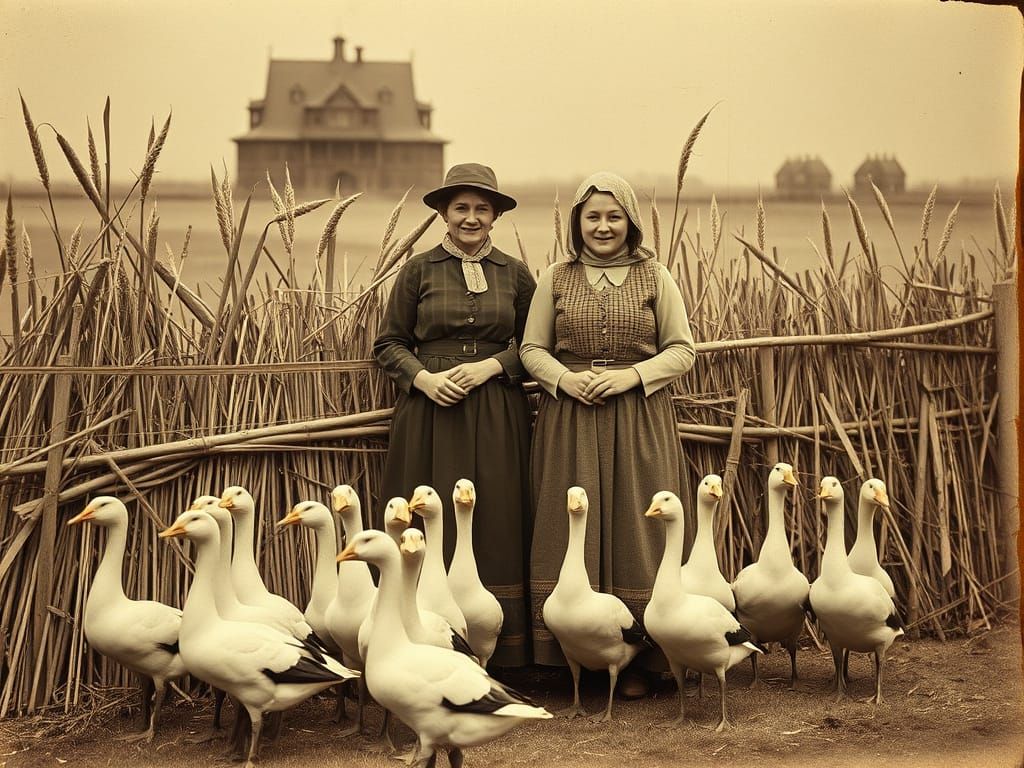 Vintage Sepia Photo of Women and Geese