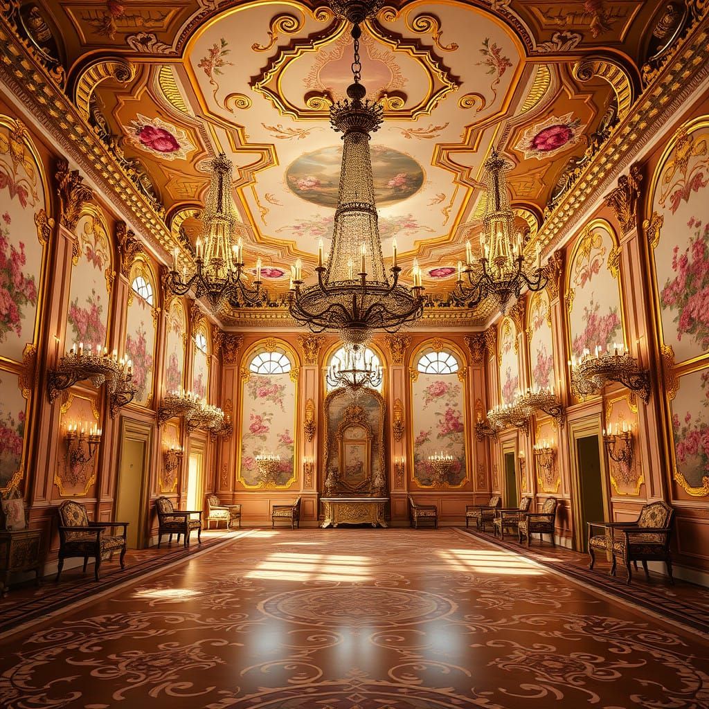 Elegant 18th Century French Castle Ballroom in Gold and Pink