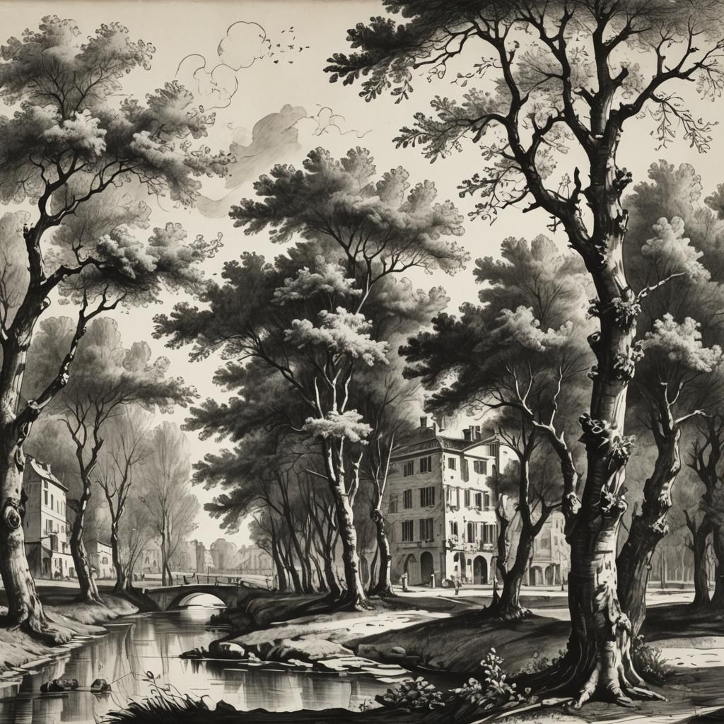 Ink Drawing of Wind Blowing Through Trees