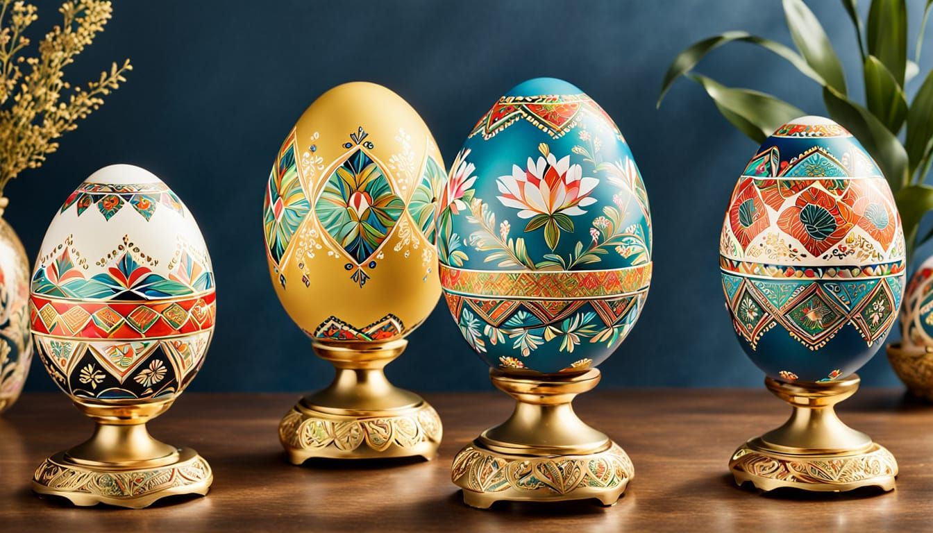 Ornate Ukrainian Goose Eggs with Gold Stands