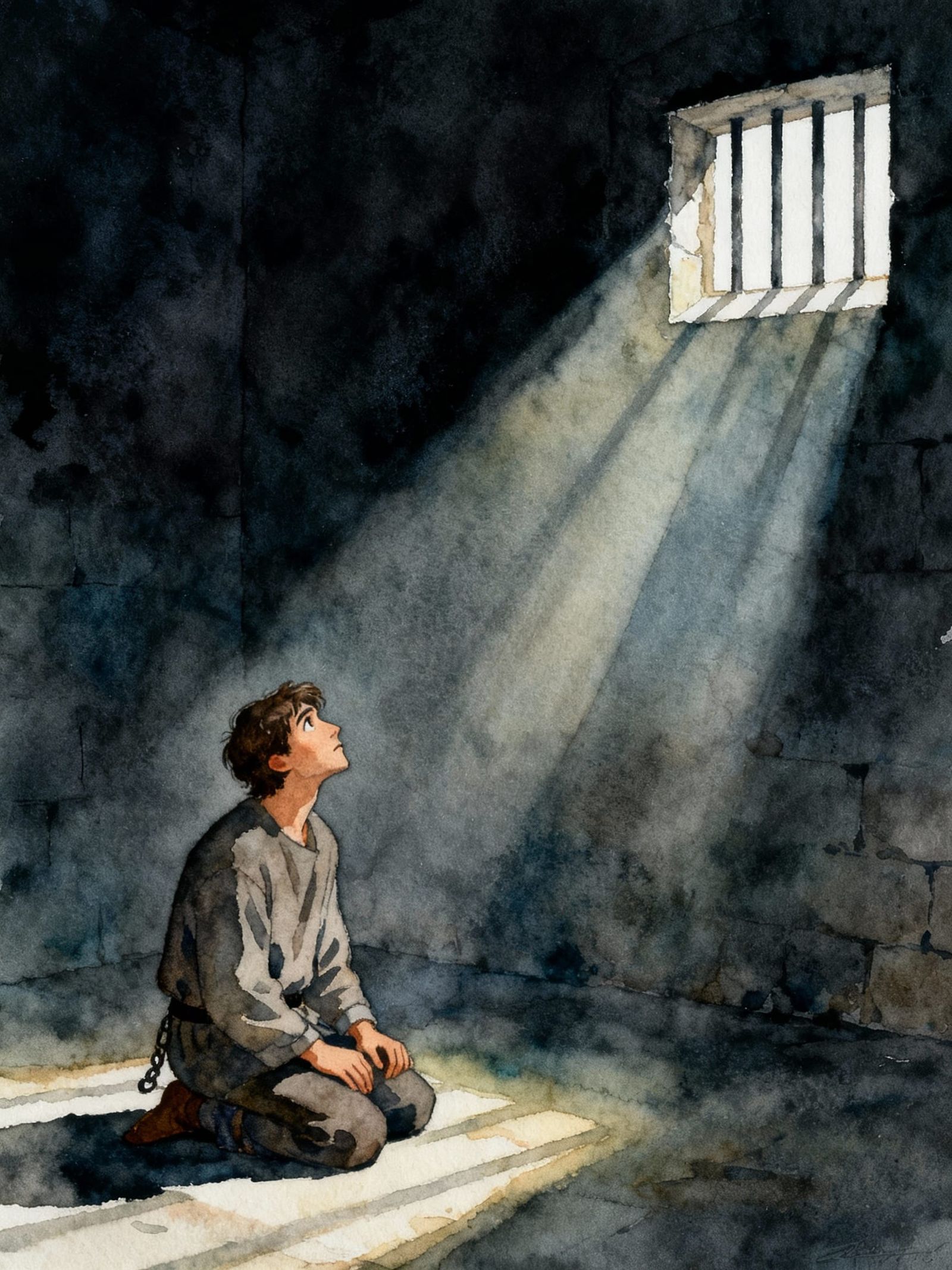 Pensive Prisoner in Godrays, Watercolor Fantasy Art