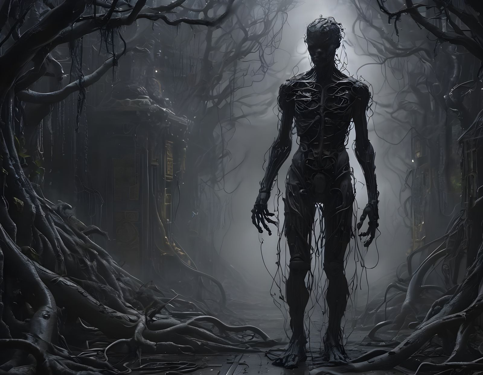 Dark Fog Humanoid Conjuring Circuit Board in Cyberpunk Style