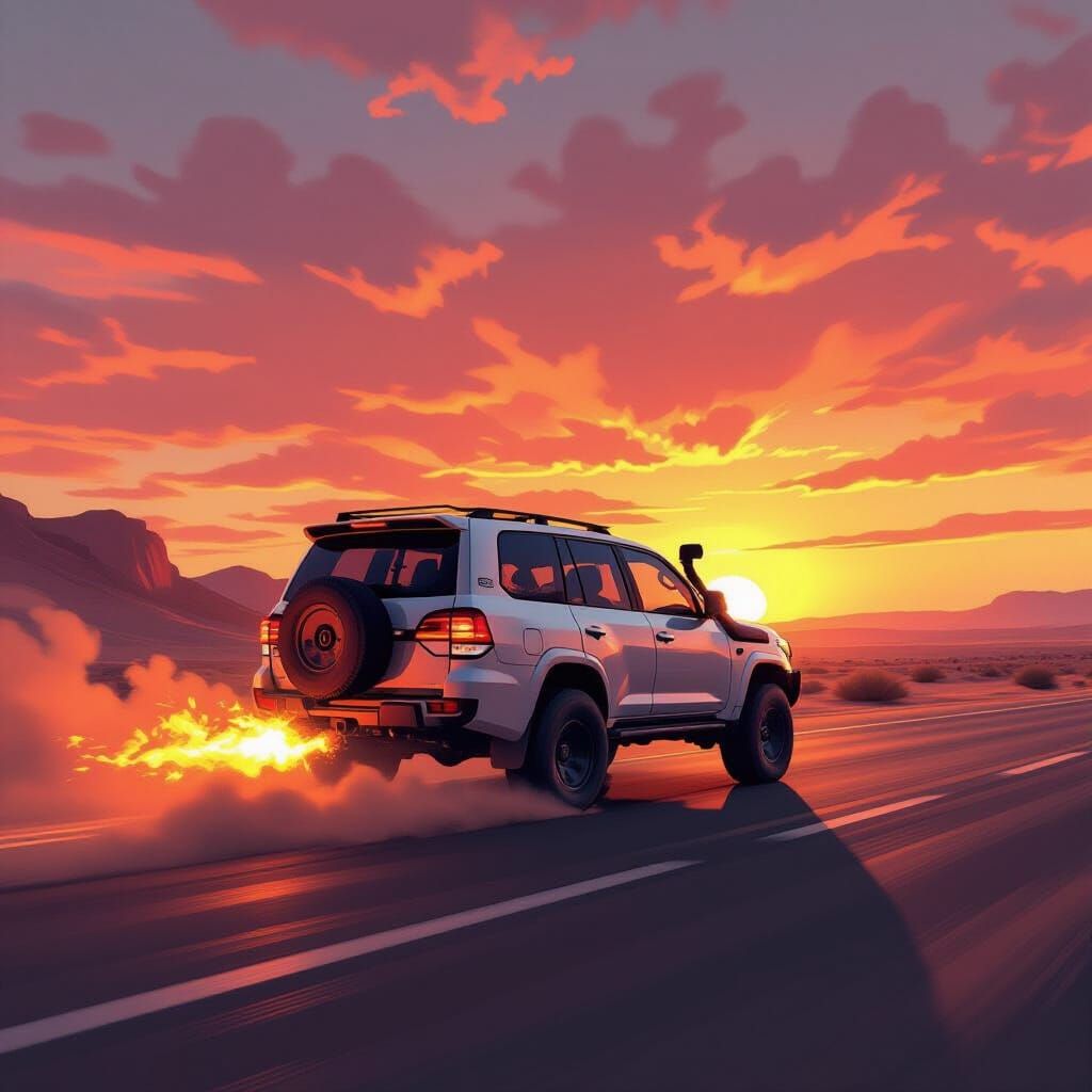 Landcruiser Speeds Through Desert at Sunset with Fiery Exhau...