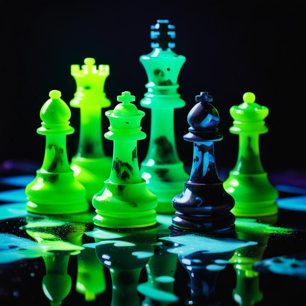 Uranium Glass Chess Pieces in Graffiti Art Style
