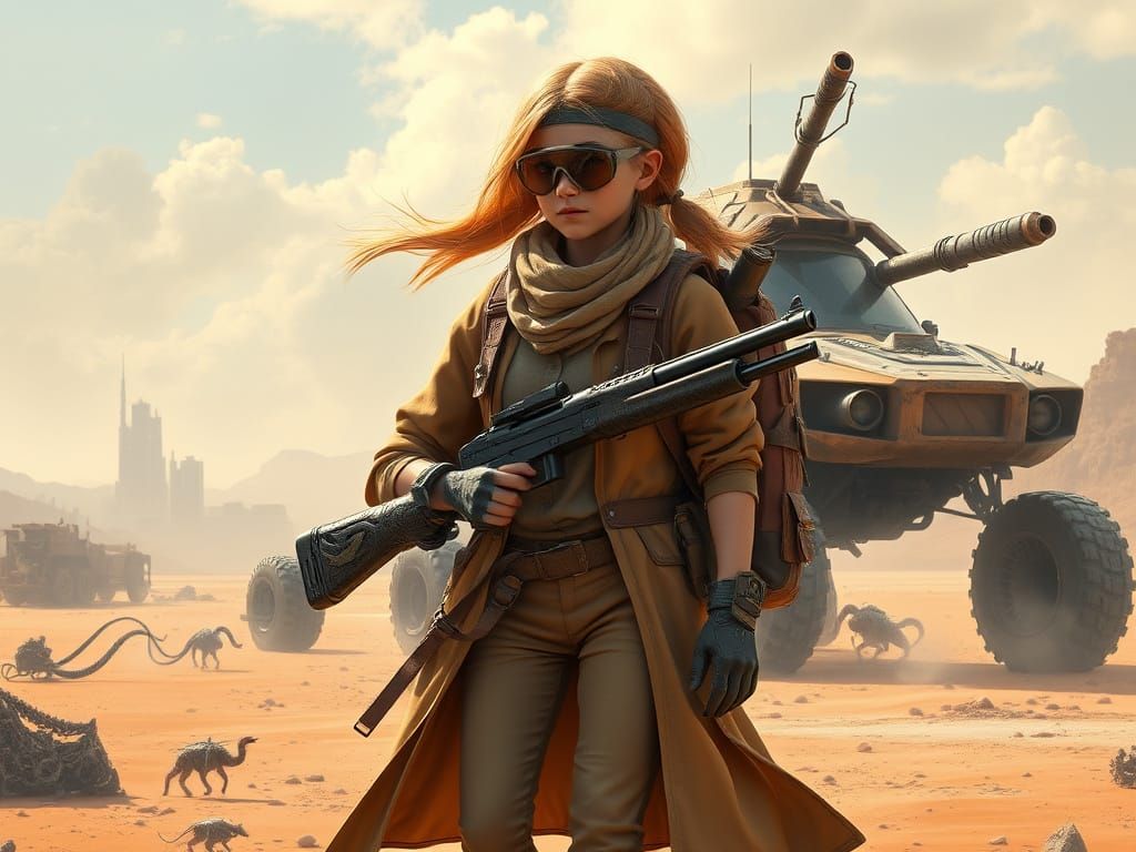 Nomadic Warrior in Post-Apocalyptic Wasteland, Sci-Fi Desert...