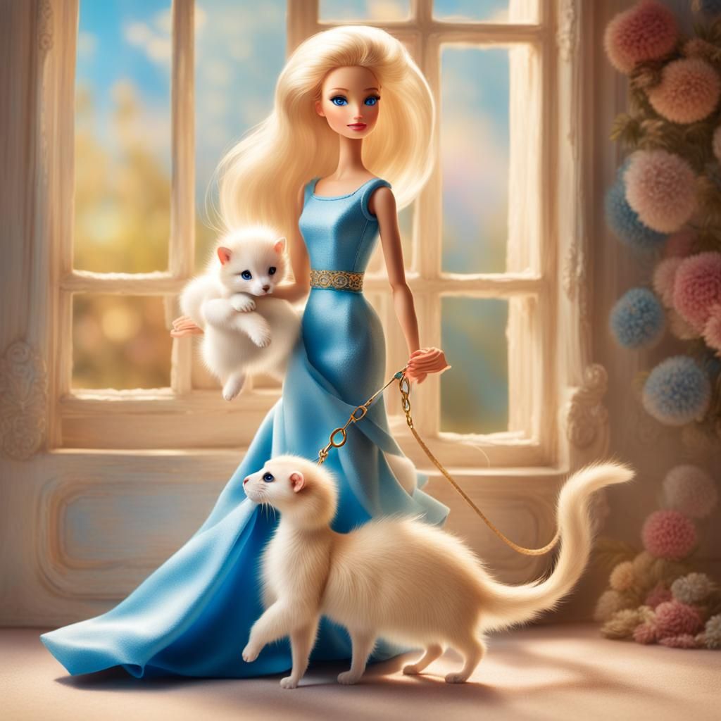 Hyperrealistic Barbie Doll with Ferret, Ethereal Lighting