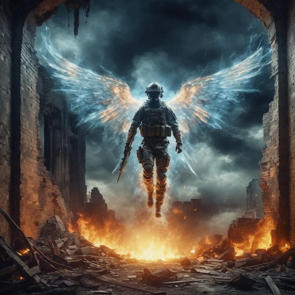 Winged Camouflage Warrior Ascends in Fiery Ruins