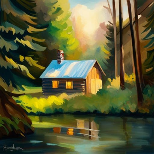 Double exposure of a cabin in the Michigan woods on the bank of a flowing river. in Gouache Style, Watercolor, Museum Ep...