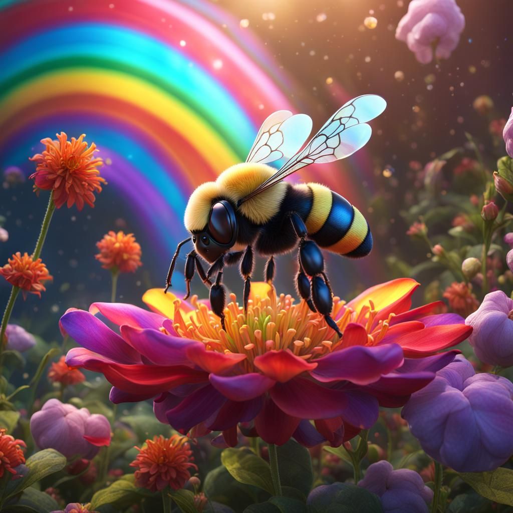 Rainbow Cannonball Flower and Bee: Fantasy Art