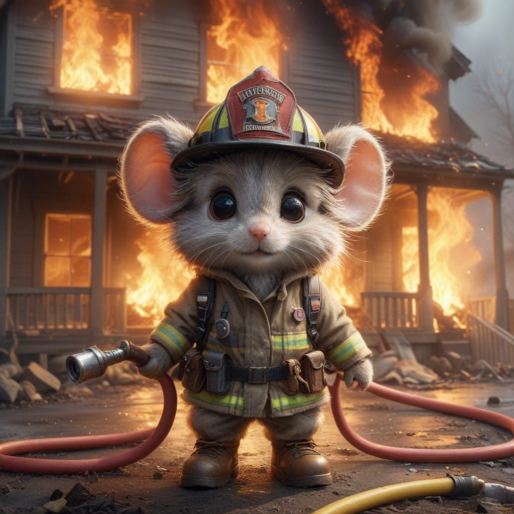Mouse Firefighter in Photorealistic Style