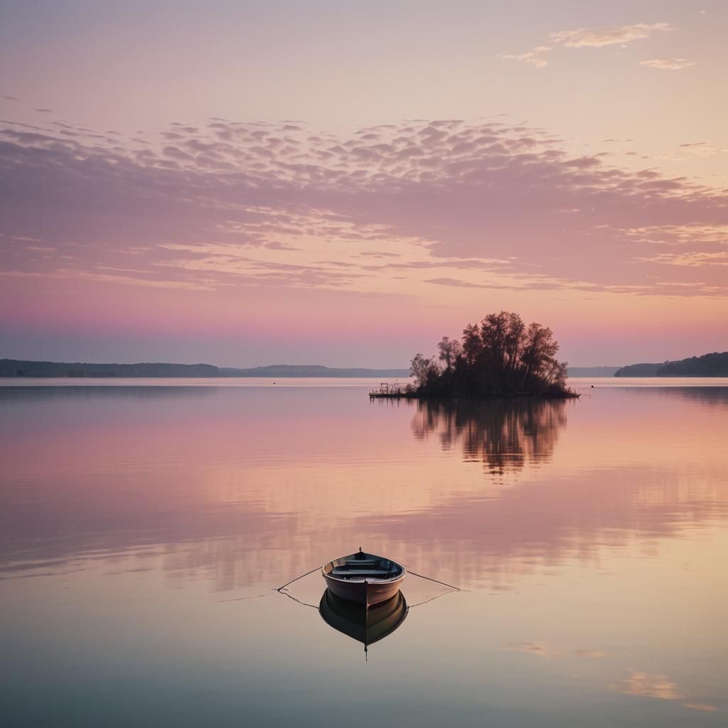 Lone Boat on Lake at Sunset in Surreal Style