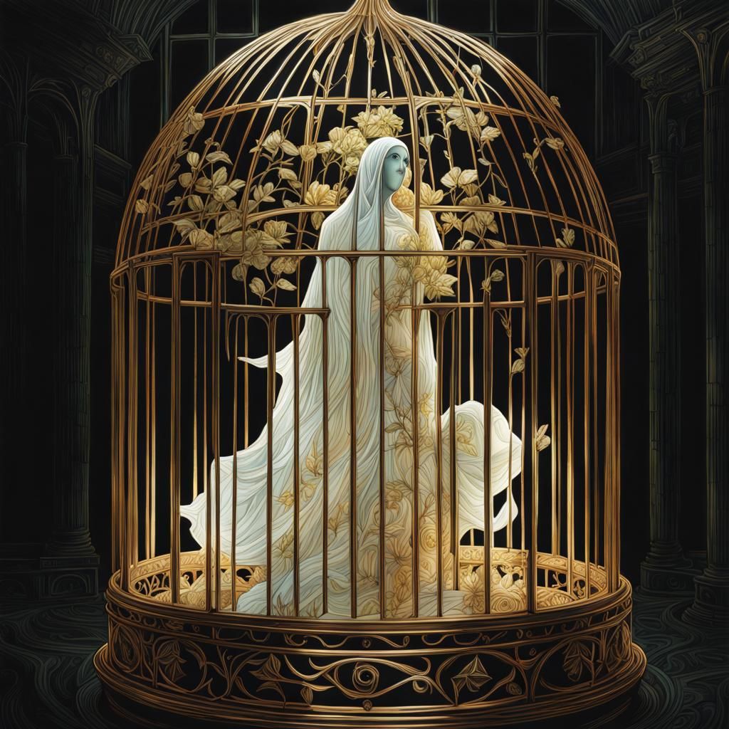 Ghostly Metal Rose in Cage: Watercolor Dreamscape