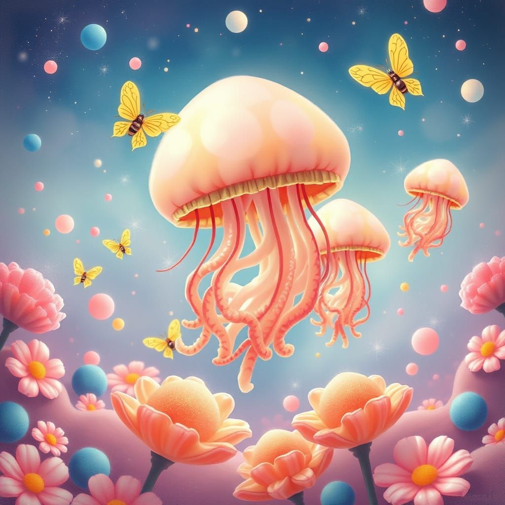 Marshmallow Jellyfish in Pastel Dreamscape, Digital Art