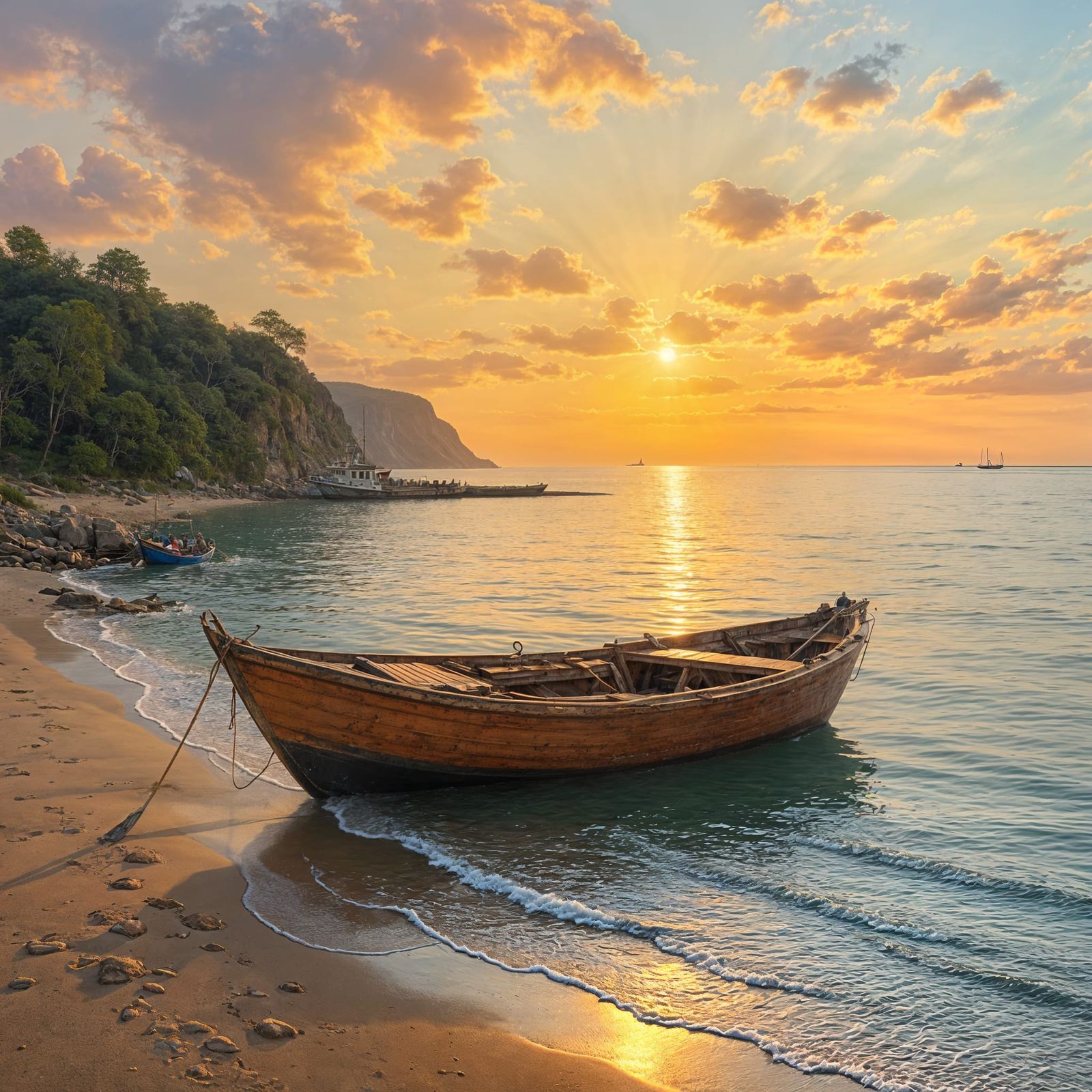 Fishing Boat at Sunrise on Sea Shore