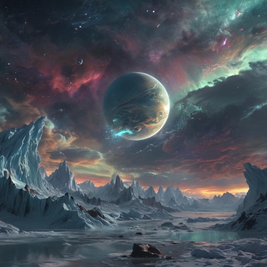 Ice Giant Planet with Aurora Rings in Deep Space