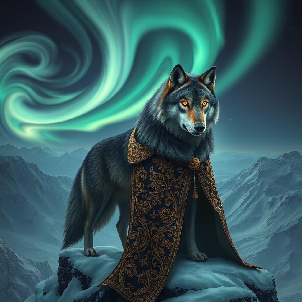 Wolf in Golden Cloak Under Aurora Borealis