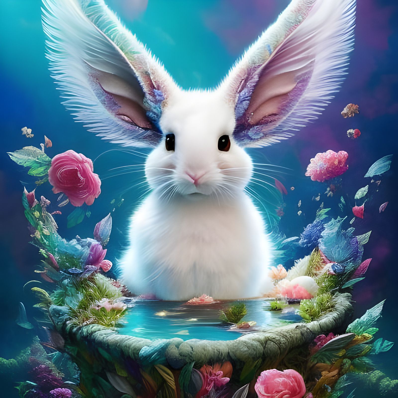 Chibi Rabbit Relaxing in Spa Bath, Detailed Digital Art