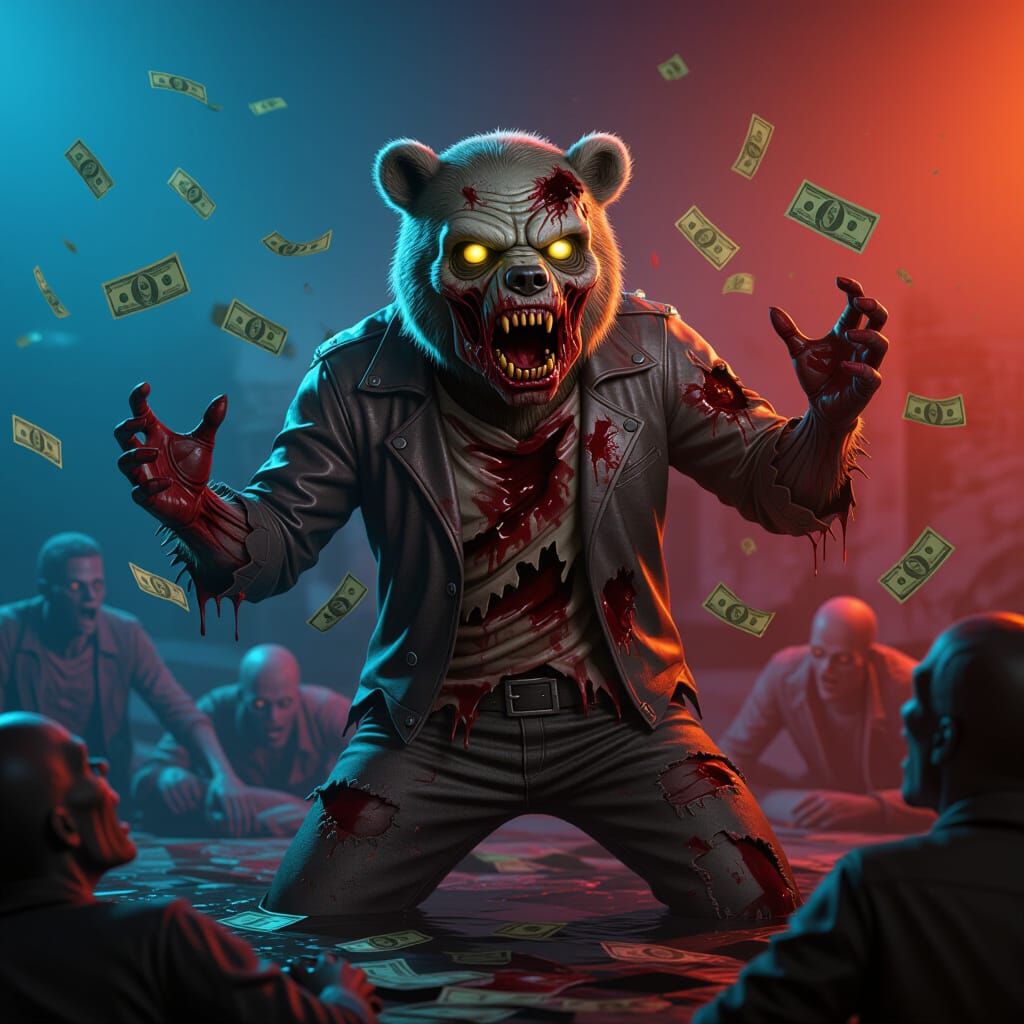 Zombie Bear Throwing Money in Apocalypse